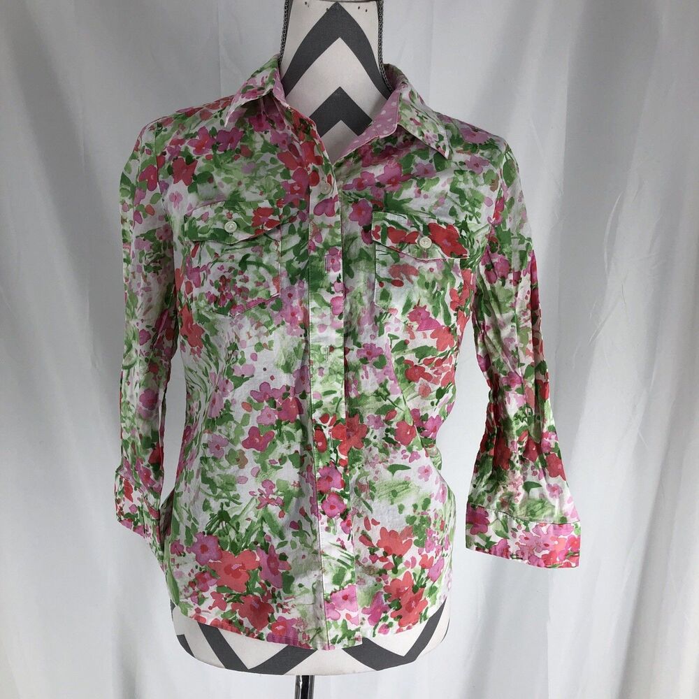 Jones New York Signature Floral Shirt Blouse Small Pink Green